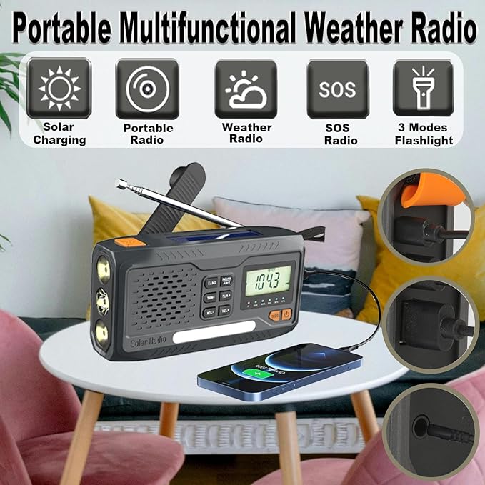 Emergency Hand Crank Radio, 7400mWh Solar Weather Radio with AM/FM/NOAA, Battery Powered Radio with Cell Phone Charger, Digital Display, Flashlight, Headphone Jack & SOS Alarm for Outdoor/Survival