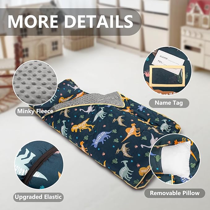 Primlect Toddler Nap Mat Extra Large Thickened 55''x35'', Soft Sleeping Bag with Detachable Minky Blanket and Pillow, Portable for Daycare, Preschool, Kindergarten, Travel, Boys and Girls