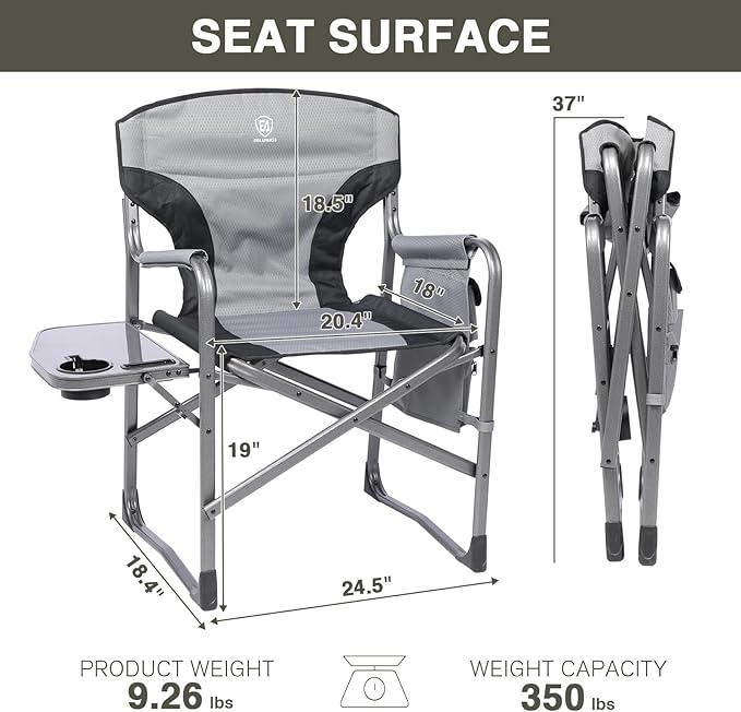 EVER ADVANCED Aluminum Lightweight Folding Director Chair, 350lbs Heavy Duty Camping Chair with Side Table & Storage, 19" Joint-Friendly Height Easy to Stand, Portable Makeup Artist & Vendor Chair