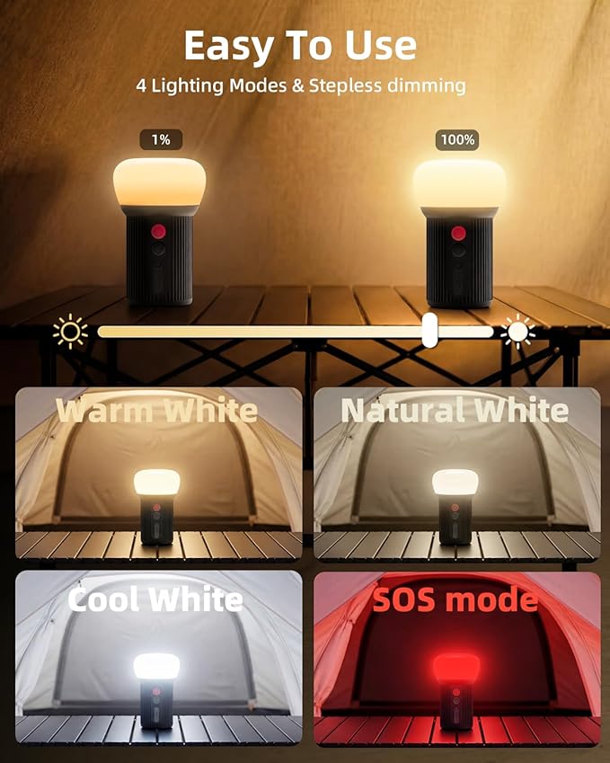 LED Rechargeable Camping Lantern with Hook - 6000mAh Emergency Outdoor Camping Lights, IPX5 Water Resistant Portable Tent Lights for Hiking, Backpacking, Fishing, Outages (Black 2Pack)