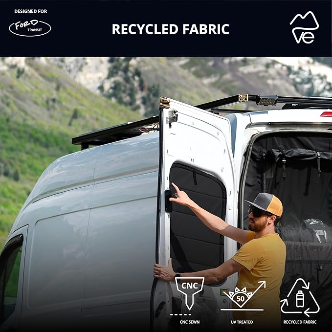 VanEssential Insulated Stealth Blackout Window Covers Designed for Ford Transit High/Medium Roof Rear Door Windows (Pair) - Black