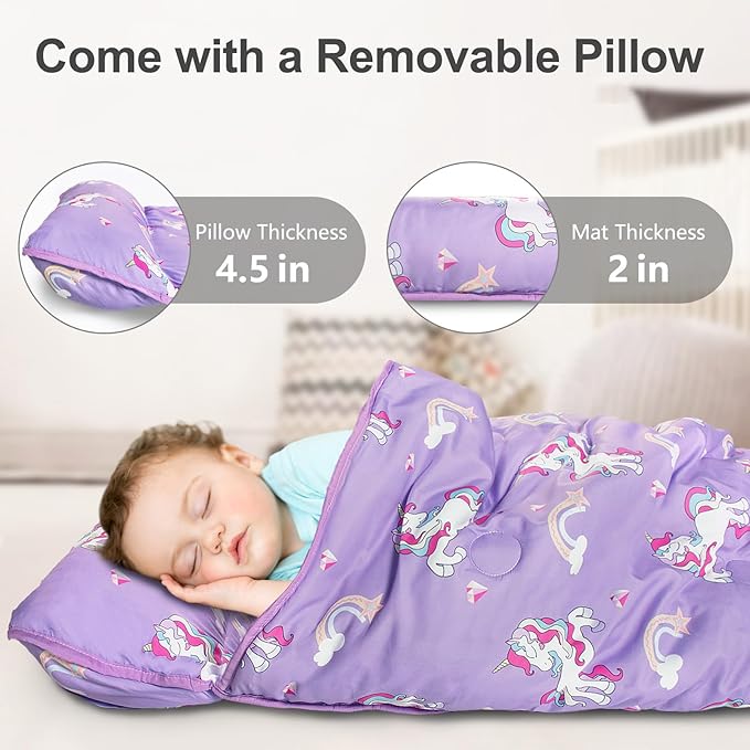 Primlect Thickened Toddler Nap Mat with Removable Pillow and Minky Blanket, Extra Large 55''x35'' Sleeping Bag, Washable, Roll up, Perfect for Daycare, Preschool, Kindergarten, Boys and Girls Purple