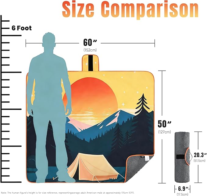 Tirrinia Waterproof Outdoor Blanket, Warm Windproof Stadium Blankets with Sherpa Lining, Foldable Camping Blanket, Emergency Blanket with Mountain Landscape Design for Car, Beach, Picnic, Hiking