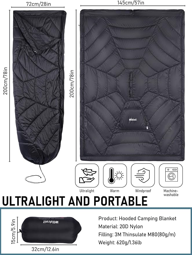 WildCall Hooded Camping Blanket with 3M Thinsulate Insulation Wearable Poncho Blanket Ultralight Foldable Quilt Sleeping Bag for Outdoor, Hiking, Stadium