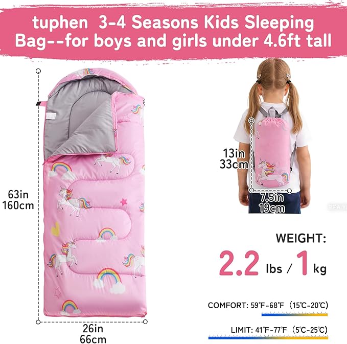 tuphen Kids Sleeping Bag - 50-77℉ 3-Season Waterproof Sleeping Bag for Boys & Girls, Lightweight 2.2 lbs Camping Gear with Compression Bag Ideal for Camping, Hiking, Indoor