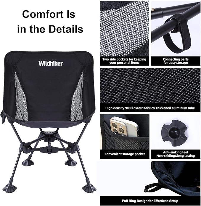 Wildhiker Ultralight Backpacking Chair – Compact Camping Chairs for Adults with Pouch, Weighs 2.8 lbs with Anti-Sinking Large Feet for Beach, Hiking, Motorcycle, Travel, Festival – Green
