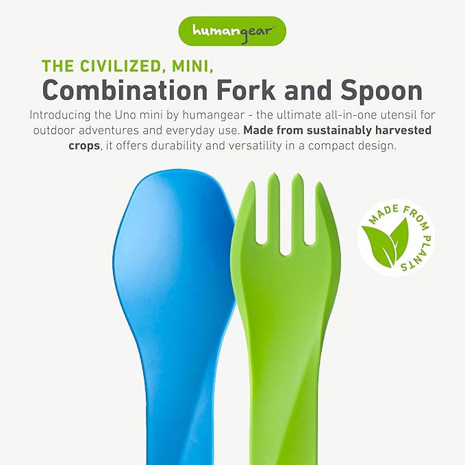 humangear GoBites Bio Uno Mini Spork - Durable Plant-Based Travel & Camping Utensils - Portable & Compact Dining Ware - Food-Safe Material - Light Blue/Light Green/Black, Bio Uno Mini 3-Pack