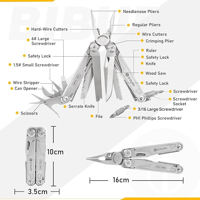 BIBURY Multitool with Pocket Knife, 19-in-1 Stainless Steel Pliers with Scissors, Self-locking Multi tools with EDC Sheath for Home, Camping, Hiking, Survival, Gifts for Men, BI2038A
