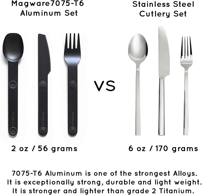 FULL WINDSOR Magware Camping Set - Travel Utensils for Outdoor Dining, Backpacking & Camping Essentials - Knife, Fork & Spoon with Pouch - Magnetic Silverware Lunchbox Utensils Cutlery - Black (3 PCS)
