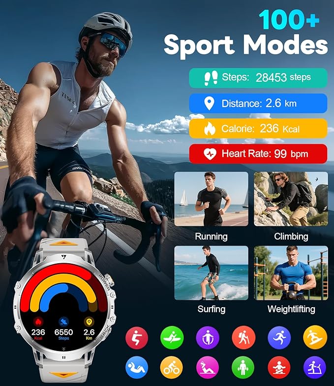 Military Smart Watch for Men, 1.85" HD Large Screen, Bluetooth Call/1000mAh/Flashlight/Heart Rate Sleep Monitor, 110+ Sports Modes Fitness Tracker Watch for Android iOS, Holiday, Silver Steel