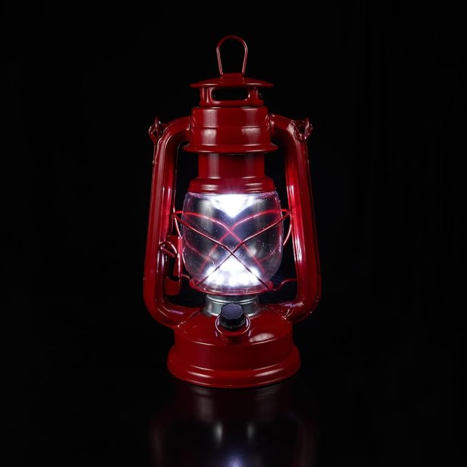 Alpine Corporation 10" H Indoor/Outdoor Metal and Glass Hurricane Lantern with Dimmable LED Lights, Red
