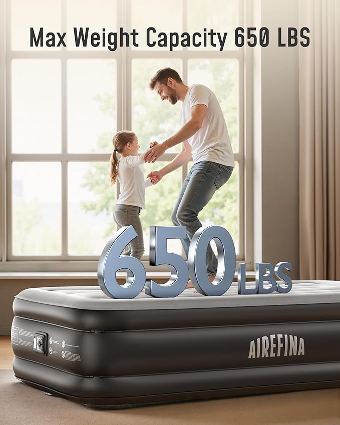 Airefina Twin Air Mattress with Built-in Pump, Upgraded 18" Raised Blow Up Air Bed, Fast 2-Min Self-Inflation, Comfortable Inflatable Mattress for Home Guest & Camping, Incl. Carry Bag & Repair Kit