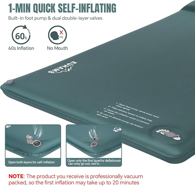 EUHAMS Camping Sleeping Pad – Ultra-Thick Self-Inflating Memory Foam Mattress with Pillow, Double Camping Pad with Foot Pump, Portable 4-Season Sleeping Mat for Car, Tent & Travel, Full Size