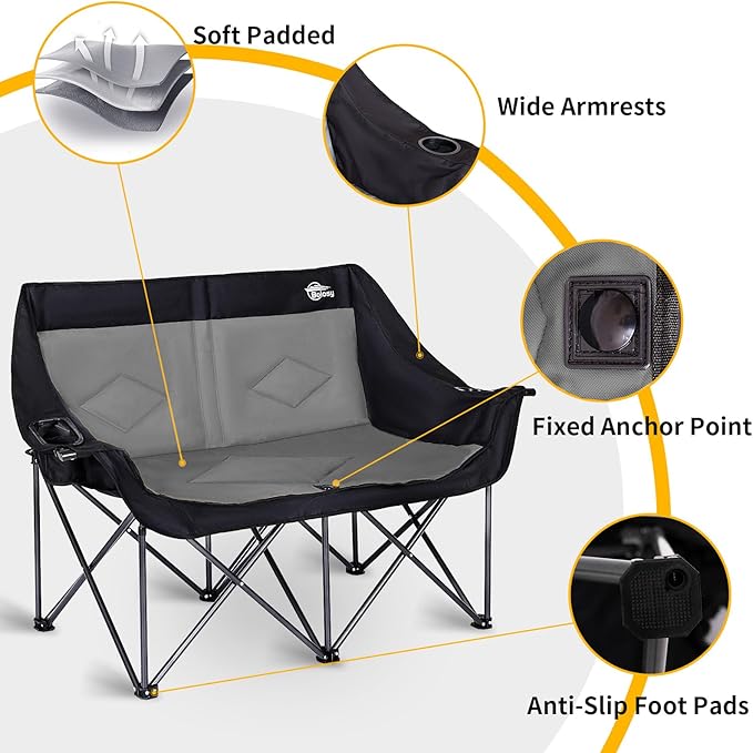 Bolosy 2 Person Camping Chair Camping Loveseat Oversized Double Folding Camping Chair Heavy Duty Two Person Camp Chair Love Seat Dou Chairs Sport Lawn Chair for Adults - Support 650 lbs - Black