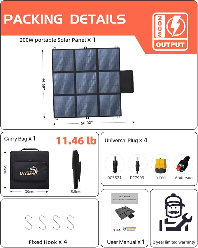 LVYUAN 200W Portable Solar Panel, 24V Foldable Blanket Solar Panel IP64 Waterproof, Upgraded 23% Efficiency for Solar Power Station Generator for Outdoor Camping Backpacking with Anderson Plug