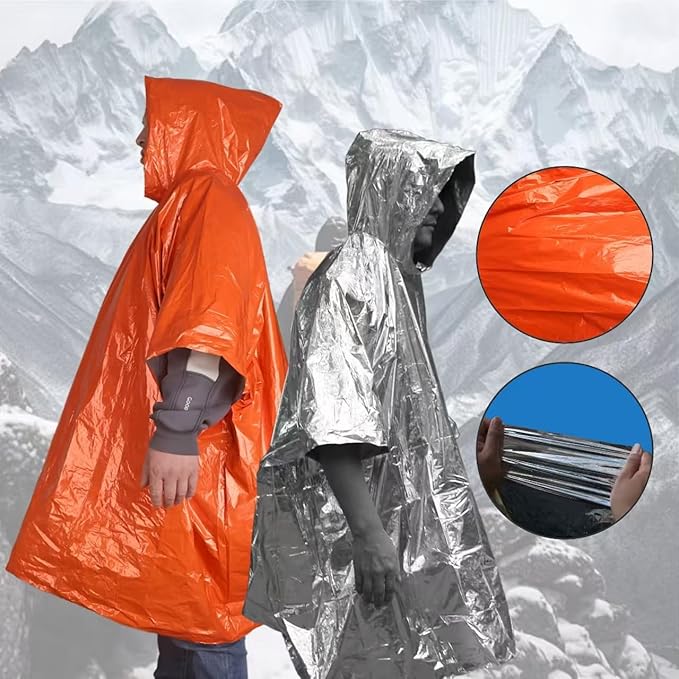 4-Pack Emergency Poncho Orange/Reflective Silver, Reversible Hood Windproof Rainwear with Thermal Mylar Heat Retention, Camping Kits Road Emergencies Storms & Hiking Essential (47” x 39”)