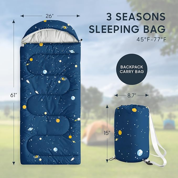 Wake In Cloud - Kids Sleeping Bag for Boys Toddlers, Camping in Warm Cold Weather, Backpacking Lightweight Compact Outdoor Liner for 3 Seasons, Galaxy Space