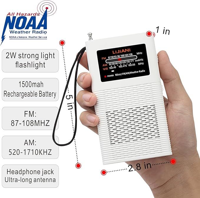 NOAA Weather Radio Portable AM FM Transistor Battery Operated by1500MAH Battery with Strong Flashlight Emergency SOS Alarm Ultra-Long Antenna Best Reception Hurricane Tools