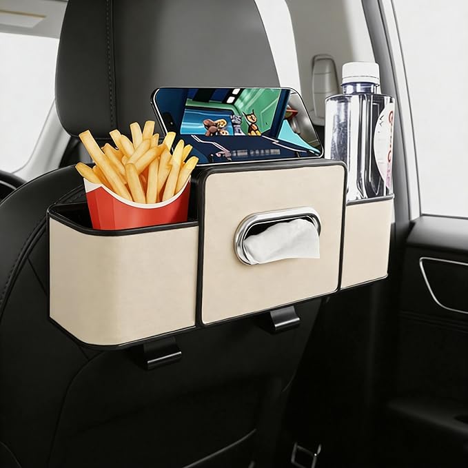 Amooca Back Seat Car Organizer, 4+2 in 1 Multifunctional Car Backseat Storage Box with 4 Cup Holders Tissue Box Hook, Car Interior Storage for Travel Phones Snacks Drinks(Beige)