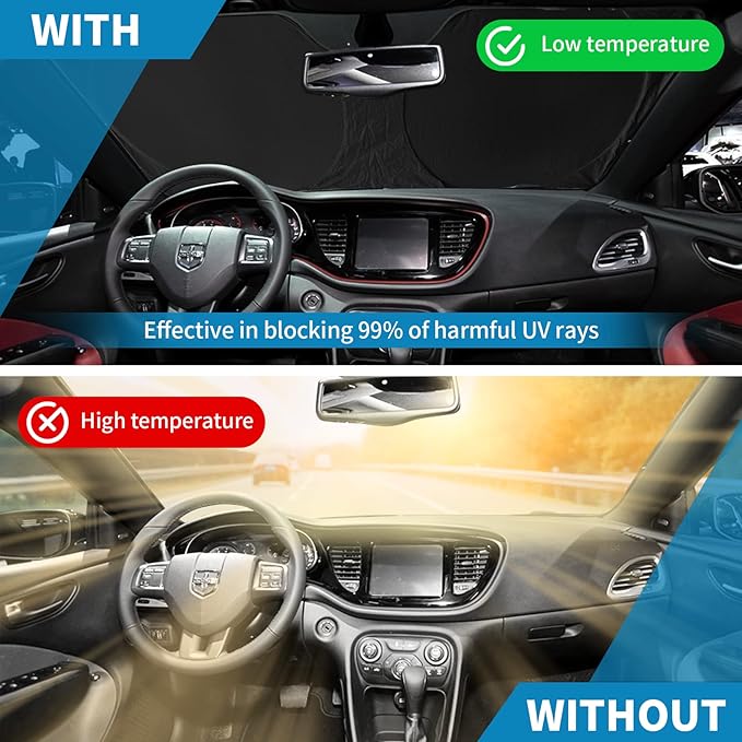 Windshield Sun Shade for 2015-2024 2025 Dodge Challenger Accessories Front Window Sunshade with 210T Sun Visor Protector Blocks UV Rays Heat Sun Shield Keep Car Cooler