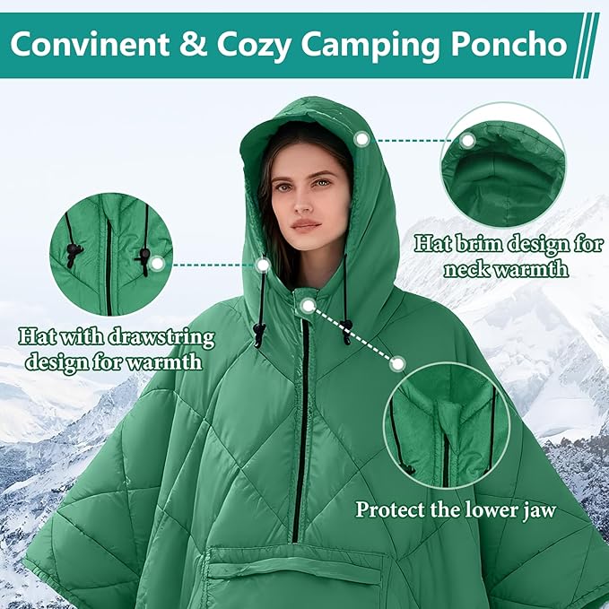 Camping Outdoor Blanket, Ultralight Down Alternative Printed Travel Camp Blankets for Sleeping Packable Waterproof Puffy Quilt for Hammock Picnic Stadium Beach Cold Weather (Green Blanket Poncho)