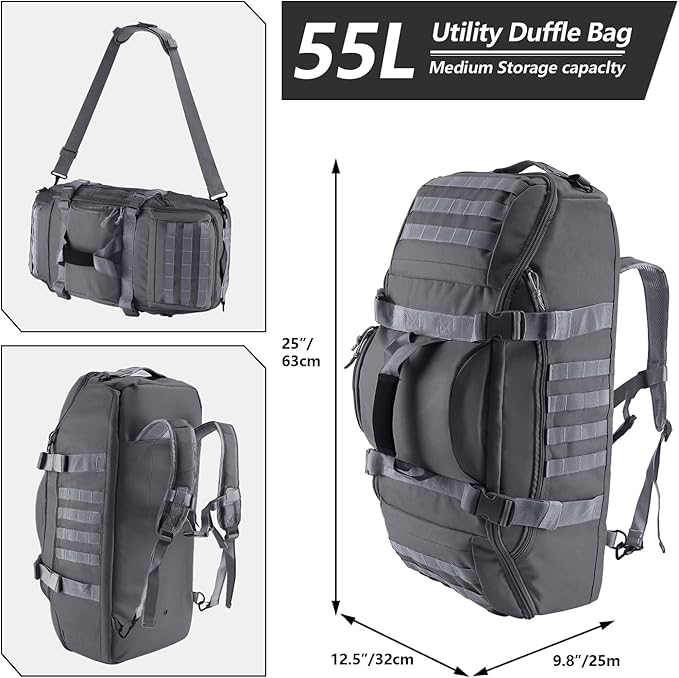 Hannibal Tactical 55L Large Duffle Bag, 3-in-1 Tactical Backpack MOLLE Pack for Sports, Gym, Outdoor, Grey