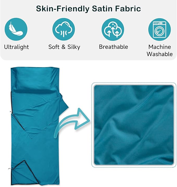 Sleeping Bag Liner, Ultralight Silky Satin Adult Sleep Sack & Self Tan Sleep Sack with Two-Way-Zipper, Single Camping Sheet & Travel Sheets for Hotel