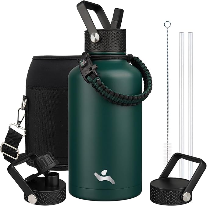 Konokyo Half Gallon Insulated Water Bottle with Straw,64 oz 3 Lids Water Jug with Carrying Bag,Paracord Handle,Double Wall Vacuum Stainless Steel Metal Flask,Dark Green