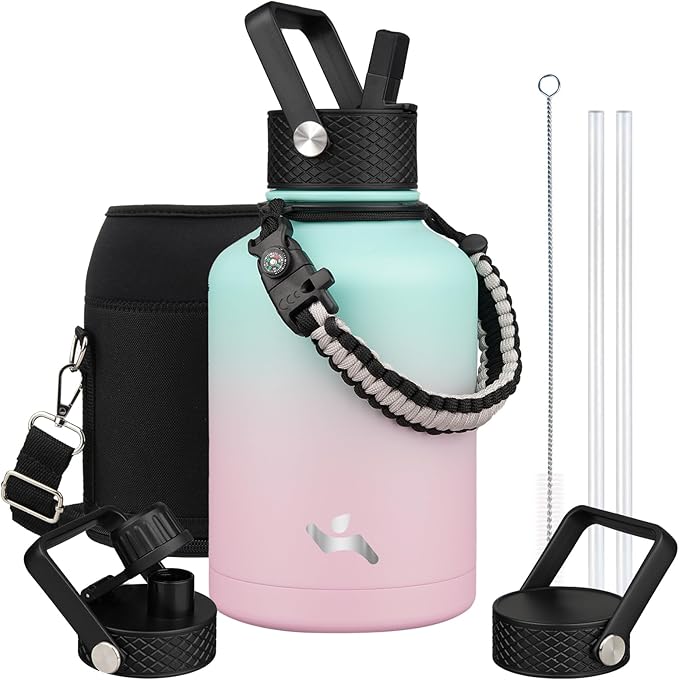 Konokyo Insulated Water Bottle with Straw,50 oz 3 Lids Water Jug with Carrying Bag,Paracord Handle,Double Wall Vacuum Stainless Steel Metal Flask,Gum