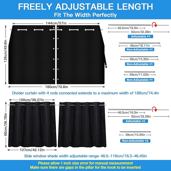 ZATOOTO Car Window Shades with Rods Set of 3, Car Shades for Back Windows Baby & Privacy Blackout Car Divider Curtain Opaque Suede Totally Blackout Length Adjustable for Most Car SUV Truck Van MPV