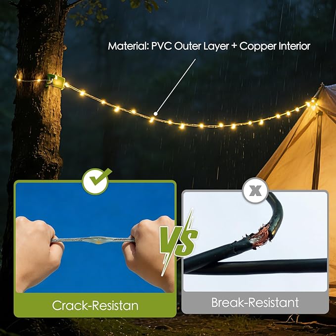 PHILORN Solar Camping String Lights, 33FT Rechargeable Tent Lantern String with 5 Lighting Modes, 4 in 1 Quick Storage Hanging Waterproof LED Lamp for Outdoor Patio Awning Garden Party