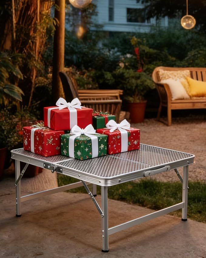 Square Folding Card Table with Adjustable Height (12" & 26"), Silver Portable Metal Mesh Table for Camping, BBQ, Picnic, Game, Patio & Indoor Use, Fits 2–4 People, Lightweight 7.6 lb, Supports 66 lb