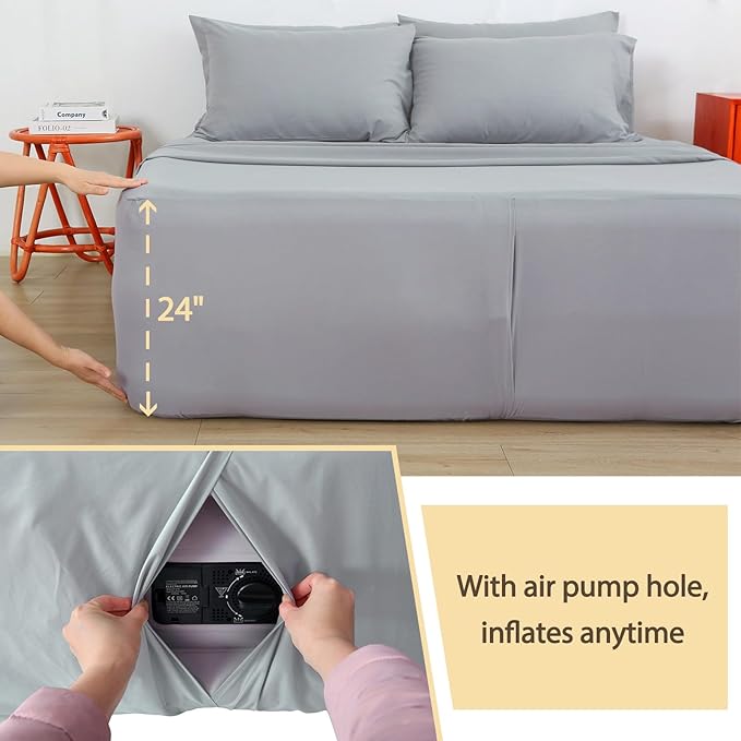 Air Mattress Sheet Set Queen Size,6 Piece Deep Pocket Bed Sheet Set for 16-24 Inch Air Bed,Easy Inflate Access,Perfect for Guest Room, RV, Camping,Gray