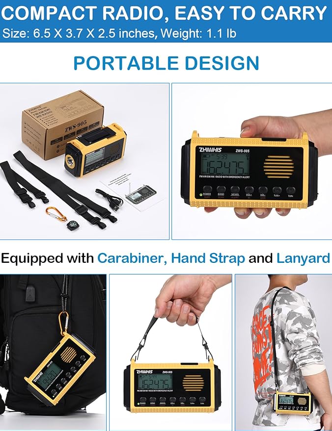 ZHIWHIS Emergency Radio with Auto NOAA Alerts, 10000mAh AM FM SW Weather Radios, Hand Crank/Solar/SOS/Flashligh/Reading Lamp/Timer Portable Receiver with Preset, for Emergencies ZWS-905