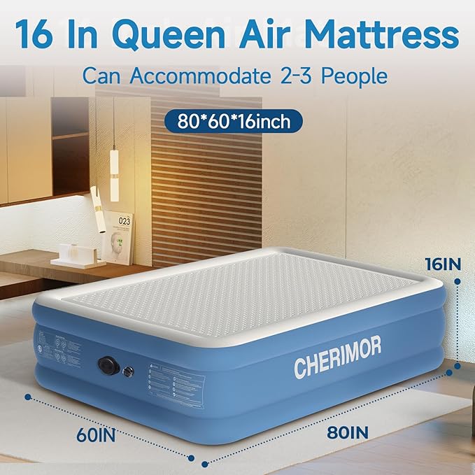 CHERIMOR Queen Air Mattress with Built-in Rechargeable Pump, 1500 lbs Heavy-Duty Support, 16" Raised Upgraded Firmness Blow Up Mattress, Fast 3-Min Inflation, Inflatable Bed for Home, Guests & Camping