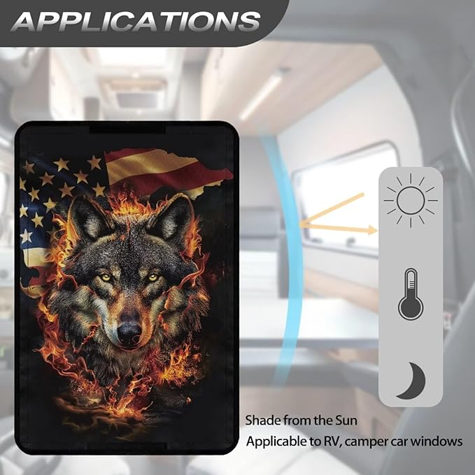 Flag Wolf Print Window Shade Cover for RV Door, Foldable Camper Door Window Shade Sun Blackout Window Shield Cover with Sticky Design & Hook and Loop for Trailers