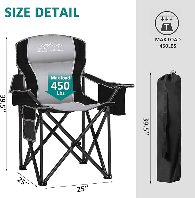 Folding Camping Chair Portable Outdoor Heavy Duty Padded Chairs Lawn Chair with Cup Holder, Storage Pocket and Cooler Bag, Supports 480LBS Black