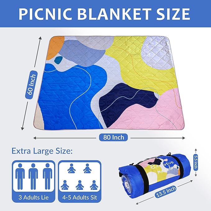 Exclusivo Mezcla Waterproof Picnic Blankets 60x80 Inch, 3 Layer Extra Large, Sandproof and Foldable Outdoor Blanket for Beach Camping, Park and Travel