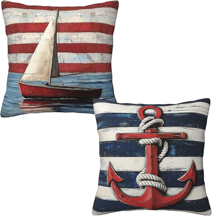 Striped Nautical Throw Pillow Covers 18x18 inch Set of 2 Boat Anchor Pillow Case Cushion Cover for Home Sofa Couch Living Room Car Decor