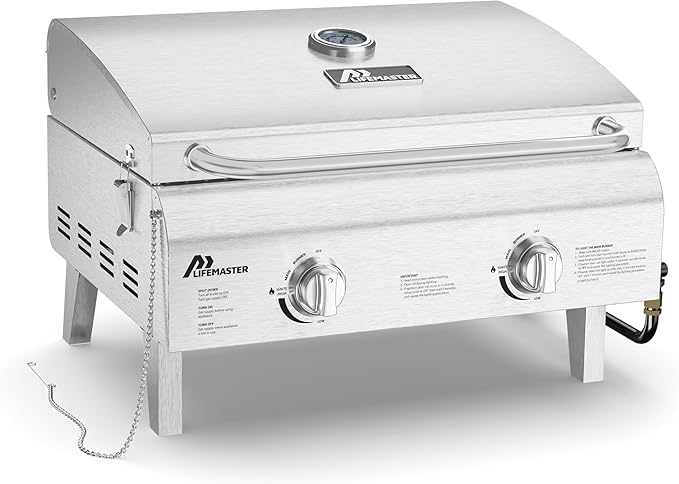 Lifemaster Portable Stainless Steel Gas Grill - 2 Burners Easy Clean Tabletop BBQ Propane Gas Grill with Foldable Legs and Wind Proof Lid for Camping and Outdoor - Silver