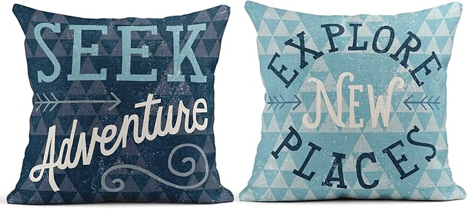 Set of 4 Linen Throw Pillow Cover Seek Adventure Explore New Places Wander Wonder Love Journey Decorative Pillow Cases Covers Home Decor Square 18 x 18 Inches Pillowcases