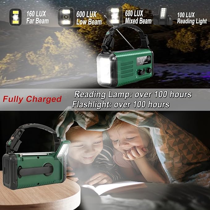 Emergency Hand Crank Radio, NOAA Weather Radio, 20000mAh Rechargeable Solar AM/FM Radio, Portable USB-C Fast Charger, Flashlight, Reading Lamp SOS Alarm for Hurricane Storm Camping Hiking (Green)