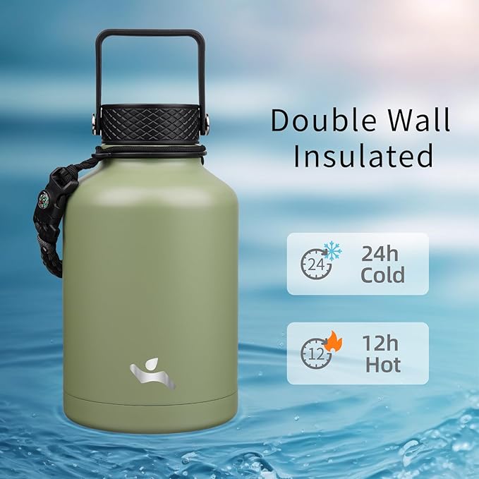 Konokyo Insulated Water Bottle with Straw,50 oz 3 Lids Water Jug with Carrying Bag,Paracord Handle,Double Wall Vacuum Stainless Steel Metal Flask,Camp Green