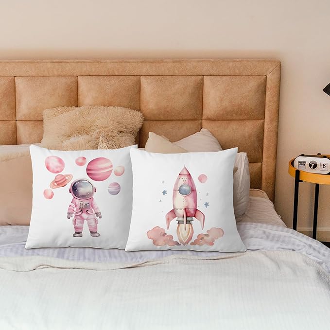 SPBL&L Pink Space Pillow Covers 18x18, Pink Space Decor for Girls Room, Space Themed Bedroom Decor, Space Room Decor, Space Party Decorations, Space Nursery Decor, Kids Space Room Decor, Set of 2
