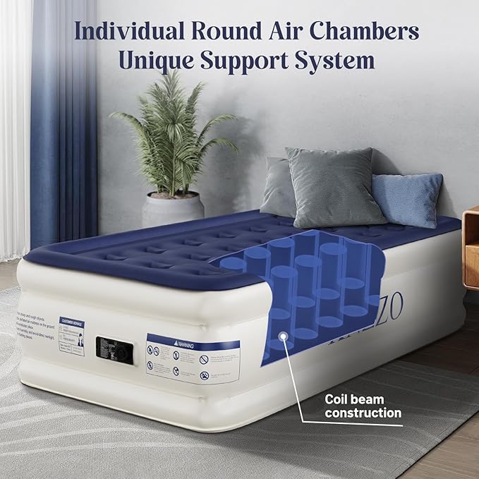 KNZZO Air Mattress Twin with Built-in Pump, Blow Up Mattress with Soft Flocked Top, Leakproof Inflatable Mattress, Foldable Waterproof Air Bed for Home, Guests, Camping, with Storage Bag