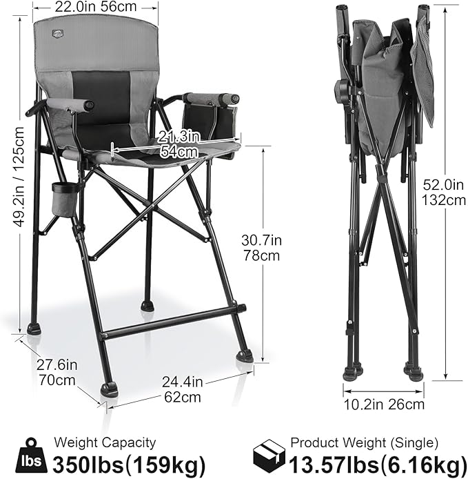 LANMONTAIN Extra Tall Folding Camping Chairs,30.7'' Seat Height Portable Hard Arm Bar Chairs w/Cup Holder,Side Mesh Pocket and Footrest,Heavy Duty Support 350 Lbs Comfy Director Chairs,Black&Grey