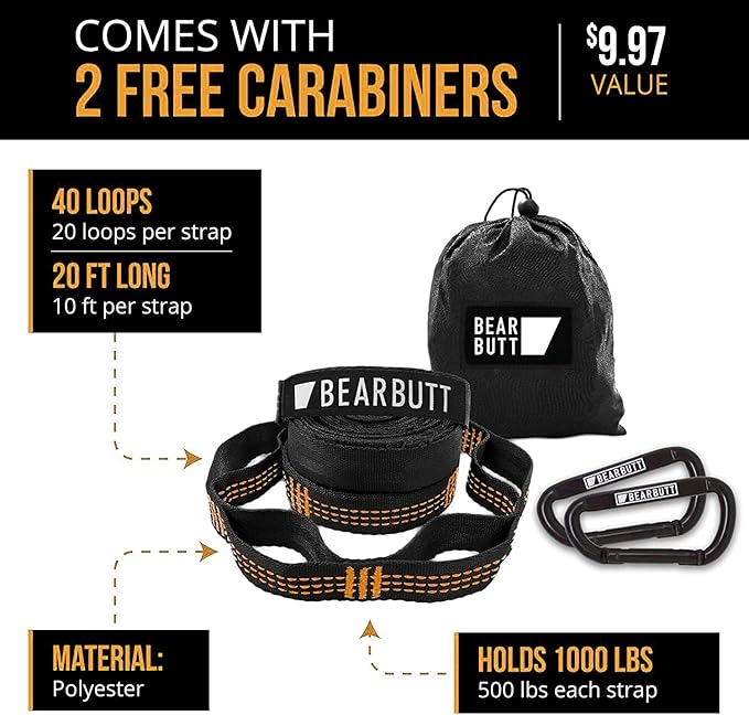 Bear Butt Kodiak Hammock Straps for Trees - 20 Feet Long, 40 Combined Loops - Holds 1000 Pounds - Camping Accessories With Carabiner