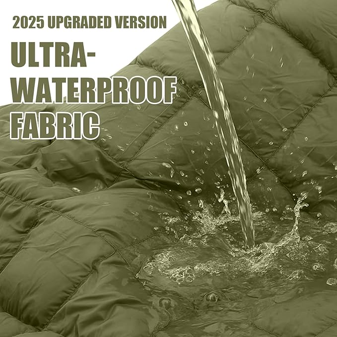 HunnmingRe Upgraded Hooded Down Camping Blanket Waterproof 650 Fill Puffy Poncho Blanket 77" x 50" Packable Wearable Sleeping Bag with Detachable Hat Outdoor Stadium Camping, 1.36 lb(Olive Green)