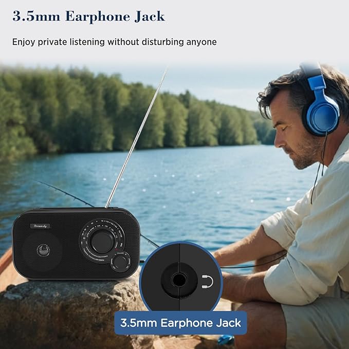 DreamSky AM FM Portable Radio Plug in Wall or Battery Operated for Home & Outdoor, Strong Reception, Large Dial Easy to Use, Transistor Antenna, Headphone Jack, Small Gifts for Seniors Elderly