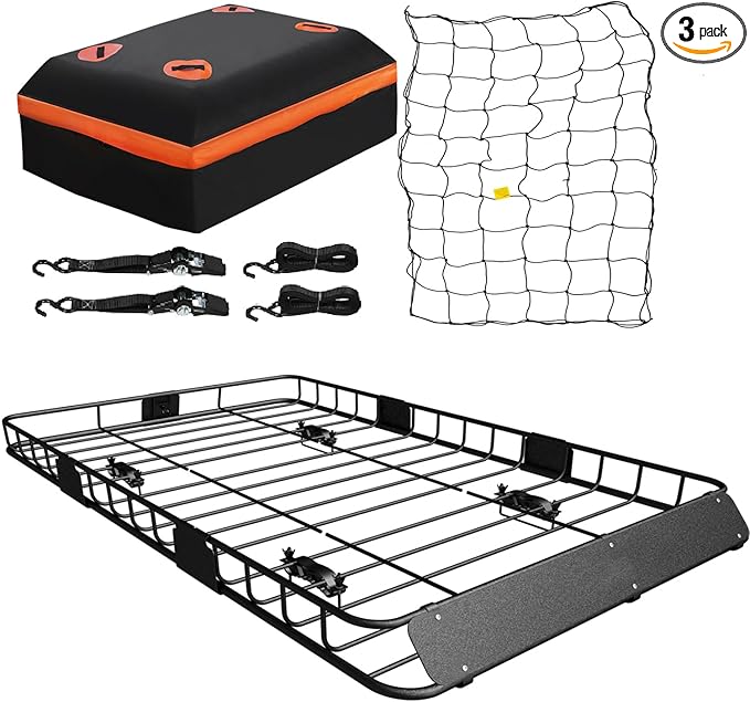 WEIZE Roof Rack Carrier Basket Universal Rooftop 54" x 34" x 6" + Waterproof Bag, Cargo Net with Attachment Hooks, Ratchet Straps for SUV, Truck